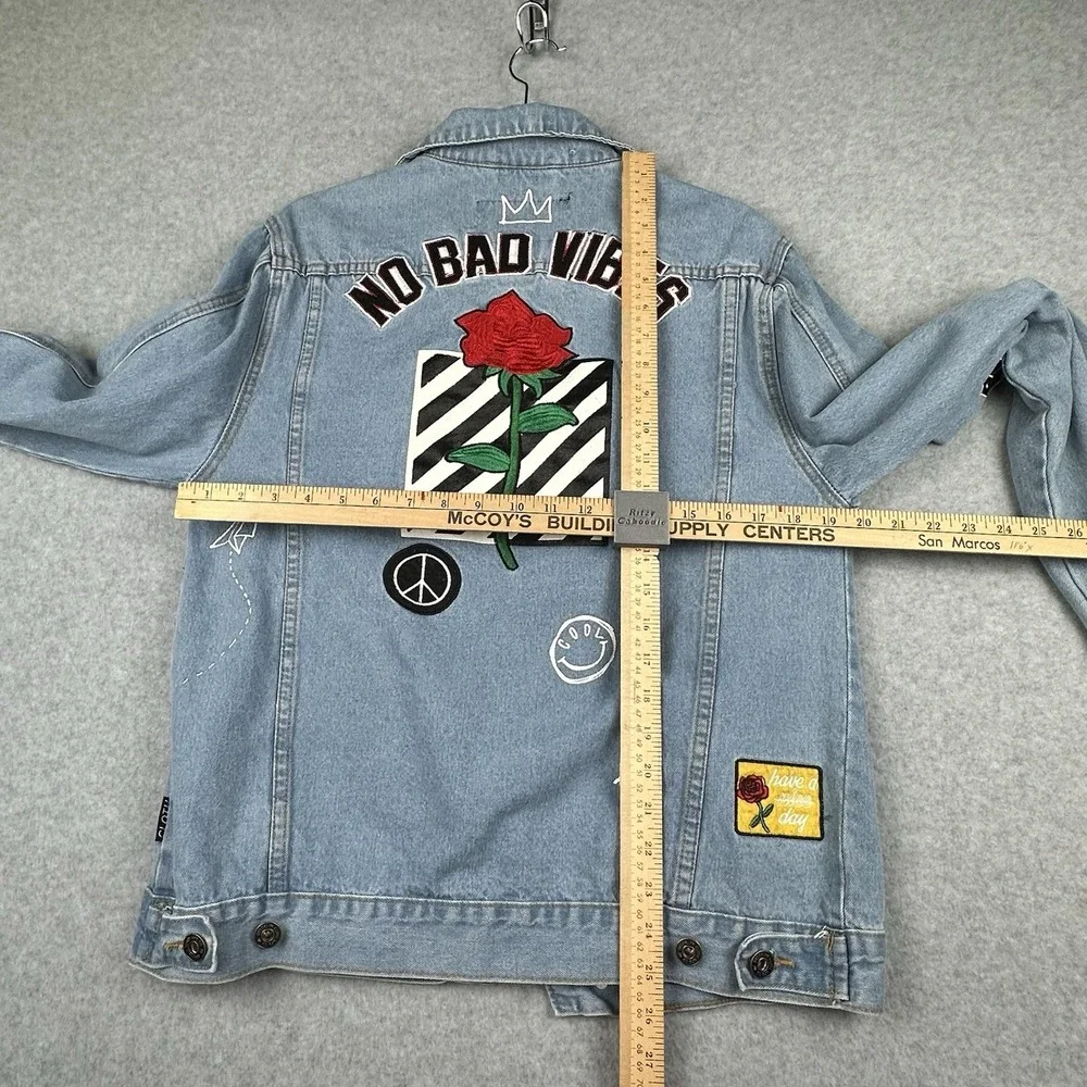 Brooklyn Cloth Denim Jacket‎ Unisex S Graffiti NO BAD VIBES Rose Embroidered